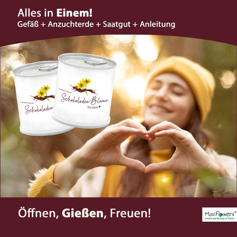 Deine MacFlowers Schokoladenblume, Ein lieber Gruß, Für Dich, Schokoblume in der Blumendose, Das originelle Geschenk, Anzuchtset, Duftet traumhaft nach Schokolade, Geburtstag